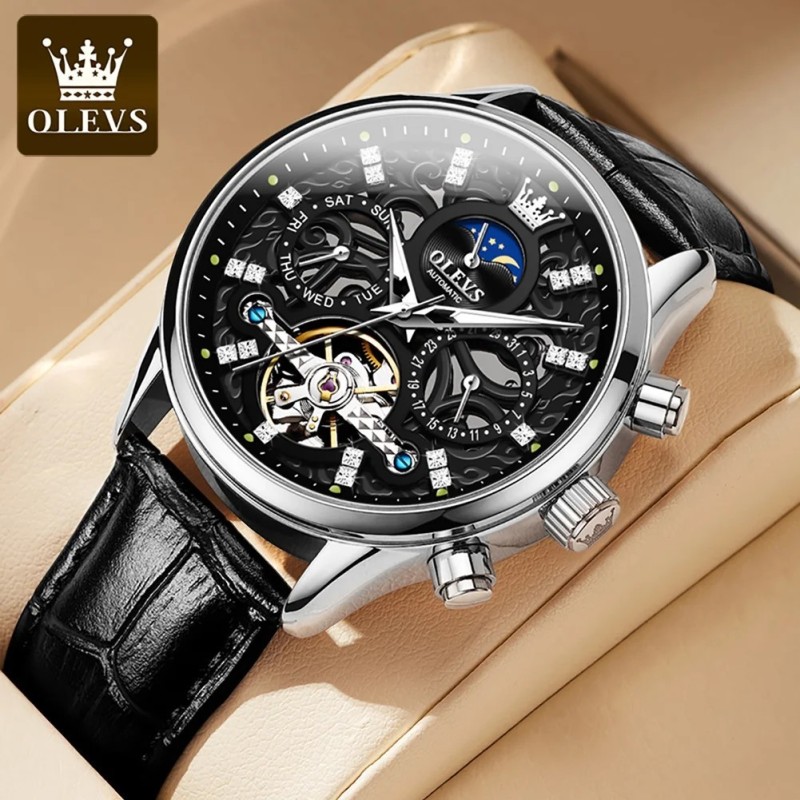 OLEVS 6658 Mens Watch Business Leather Strap Reloj Hollow out Mechanic