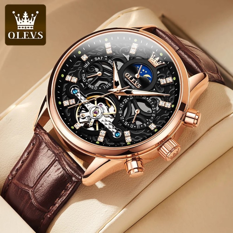 OLEVS 6658 Mens Watch Business Leather Strap Reloj Hollow out Mechanic