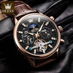 OLEVS 6658 Mens Watch Business Leather Strap Reloj Hollow out Mechanic