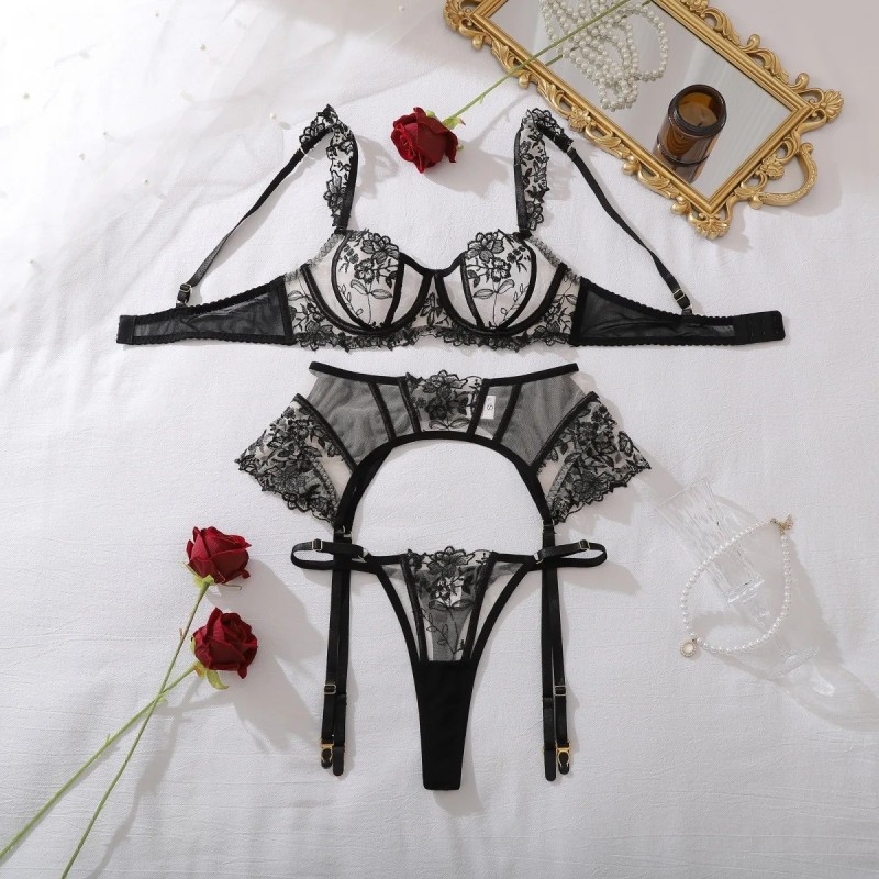 Ellolace Elegant Women's Lingerie Sets Sexy Floral Embroidery Ruffled 