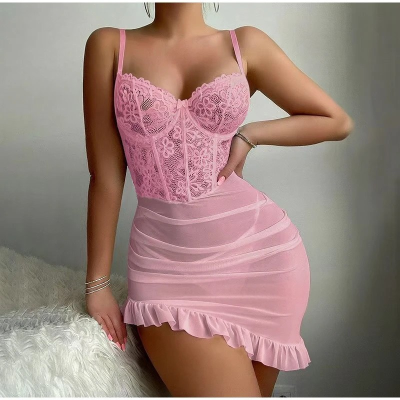 New Women's Lingerie Night Dress Transparent Bra Thong Underwear Set D