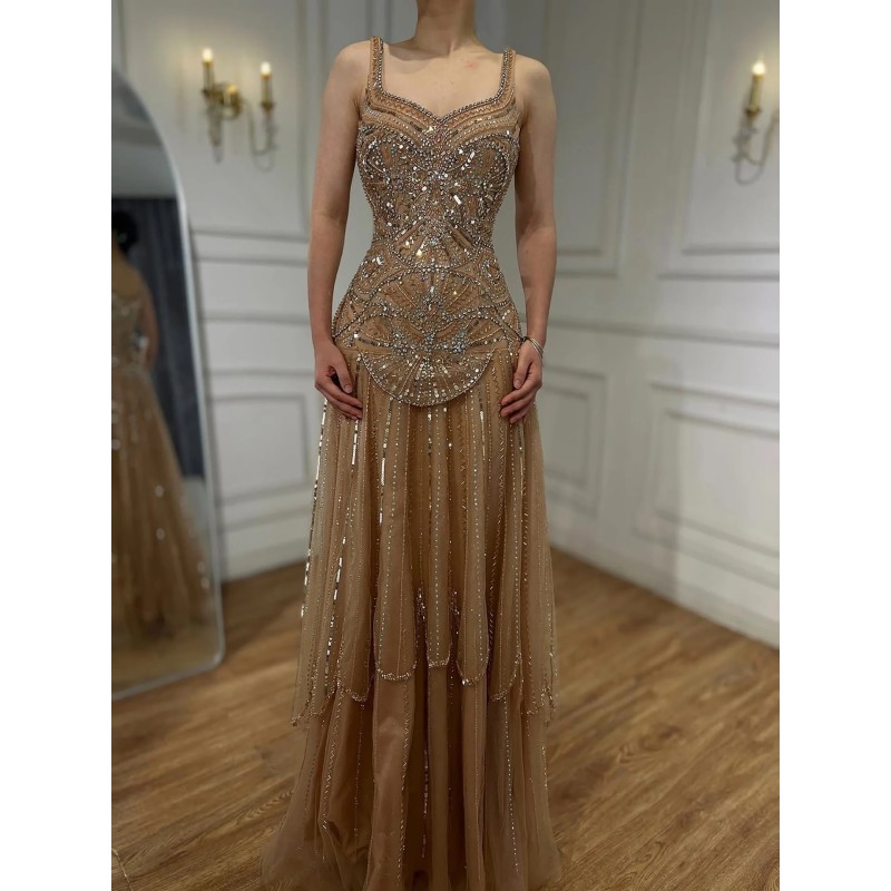 SERENE HILL Luxury Nude Spaghetti Strap Beaded A line Evening Dress El