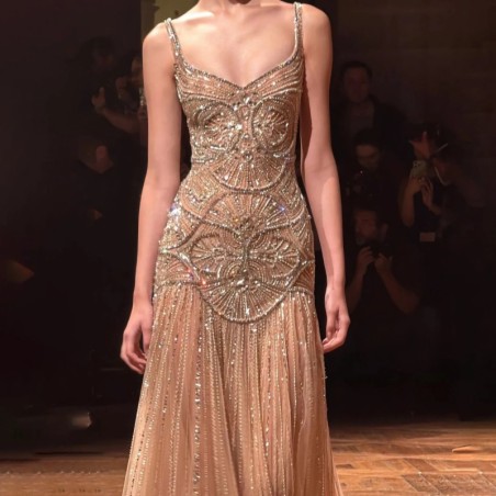 SERENE HILL Luxury Nude Spaghetti Strap Beaded A line Evening Dress El