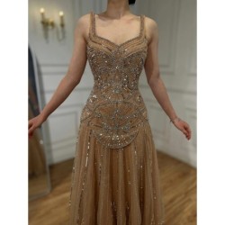 SERENE HILL Luxury Nude Spaghetti Strap Beaded A line Evening Dress El