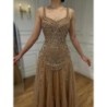 SERENE HILL Luxury Nude Spaghetti Strap Beaded A line Evening Dress El