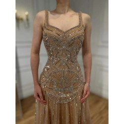 SERENE HILL Luxury Nude Spaghetti Strap Beaded A line Evening Dress El