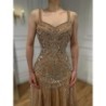 SERENE HILL Luxury Nude Spaghetti Strap Beaded A line Evening Dress El
