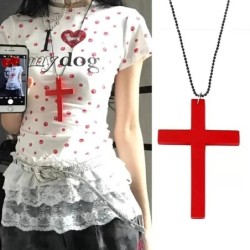 Fashion Punk Gothic Wood Cross Pendant Necklace for Women Men Hallowee