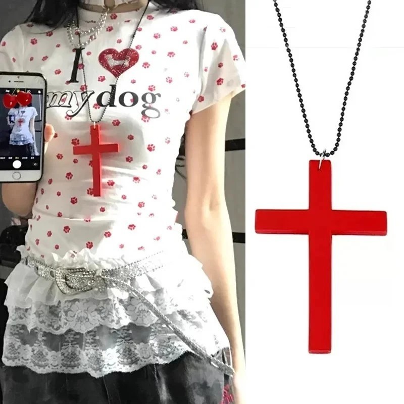 Fashion Punk Gothic Wood Cross Pendant Necklace for Women Men Hallowee