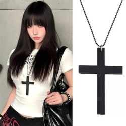 Fashion Punk Gothic Wood Cross Pendant Necklace for Women Men Hallowee