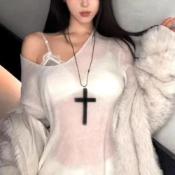 Fashion Punk Gothic Wood Cross Pendant Necklace for Women Men Hallowee