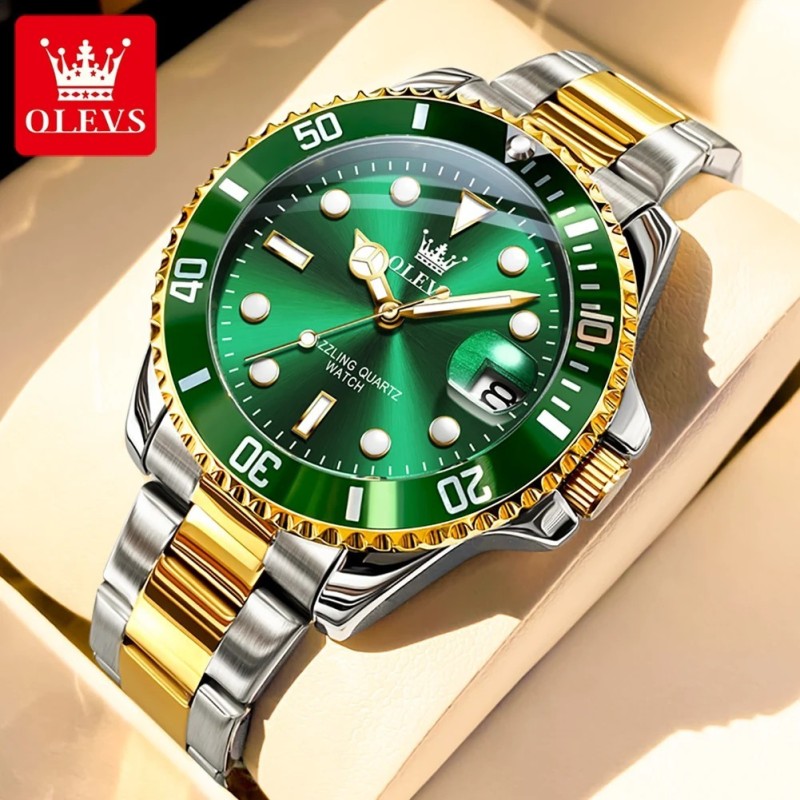 OLEVS 5885 Men's Watches Business Stainless Steel Strap Green Quartz W