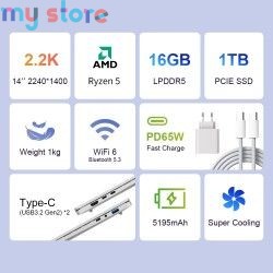Ninkear S14 Laptop AMD Ryzen™ 5, 14 Inch 2.2K Screen 16GB LPDDR5 1TB SSD Wifi 6 Fingerprint Recognition Computer Notebook [produ
