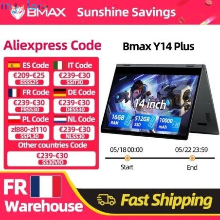 BMAX Y14 Plus Laptop Computer 14'' IPS FHD Notebook Windows 11 10000mAh Battery 16GB RAM 512GB SSD Intel N150 laptop USB Type-C 