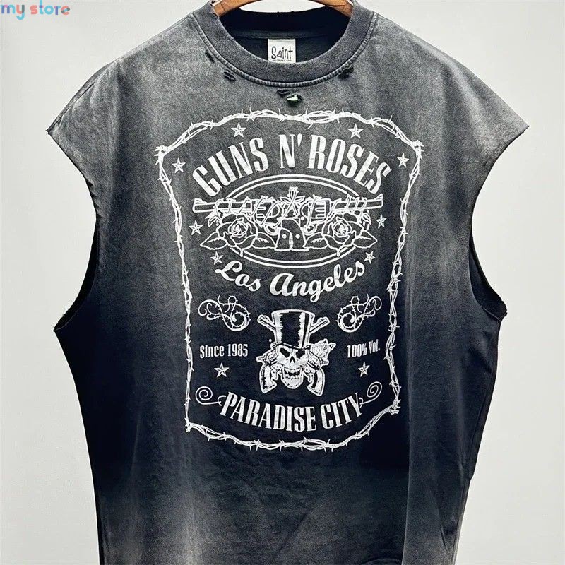 Vintage SAINT Guns N Roses Washed T-Shirts High Quality Dirty Soil Spray Hand Worn Tank Top T Shirt Tee Tops [product.brand] 1 -
