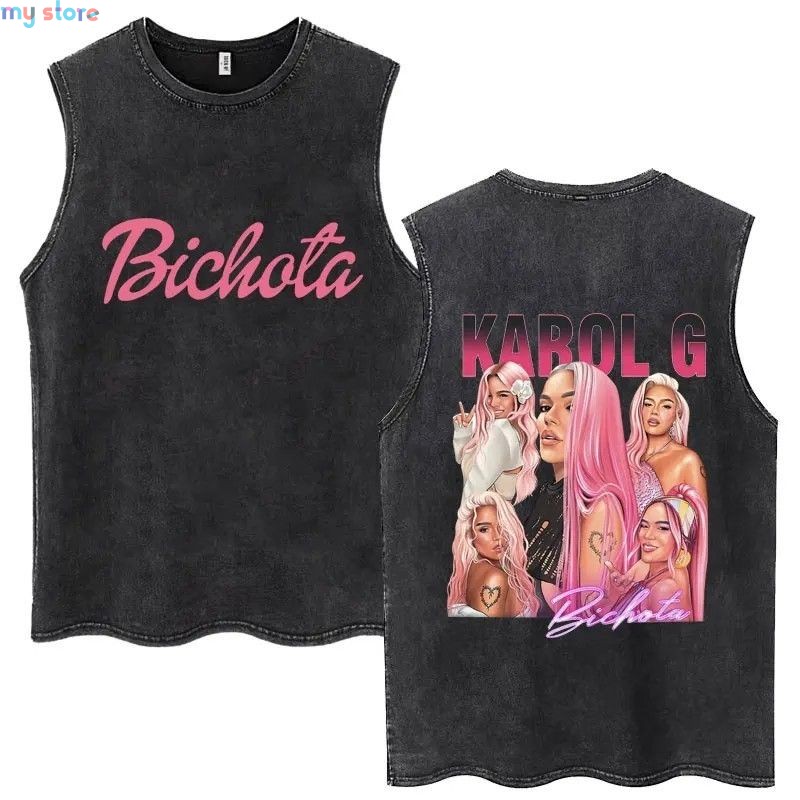 Hot Sale Karol G Bichota Music Album Washed Tank Tops Hip Hop Fashion Men Women Breathable Cozy Cotton Oversized Sleeveless Tees