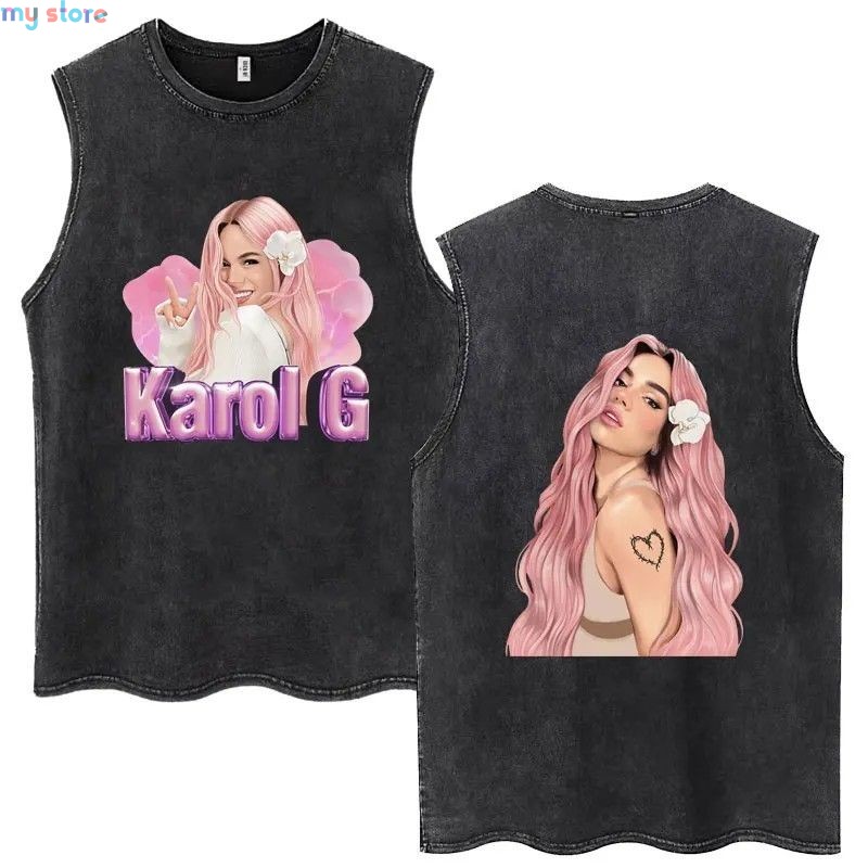 Hot Sale Karol G Bichota Music Album Washed Tank Tops Hip Hop Fashion Men Women Breathable Cozy Cotton Oversized Sleeveless Tees