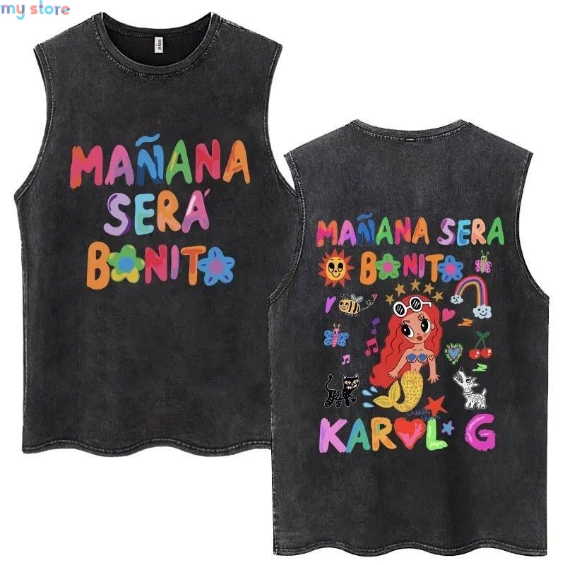 Hot Sale Karol G Bichota Music Album Washed Tank Tops Hip Hop Fashion Men Women Breathable Cozy Cotton Oversized Sleeveless Tees