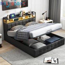 Superaly 140x200cm Upholstered Double Bed, Hydraulic Storage Bed Frame with RGB LED Lights, USB & Type-C Charging Ports, Faux Le