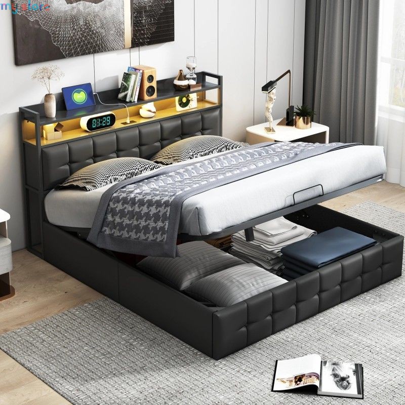 Superaly 140x200cm Upholstered Double Bed, Hydraulic Storage Bed Frame with RGB LED Lights, USB & Type-C Charging Ports, Faux Le