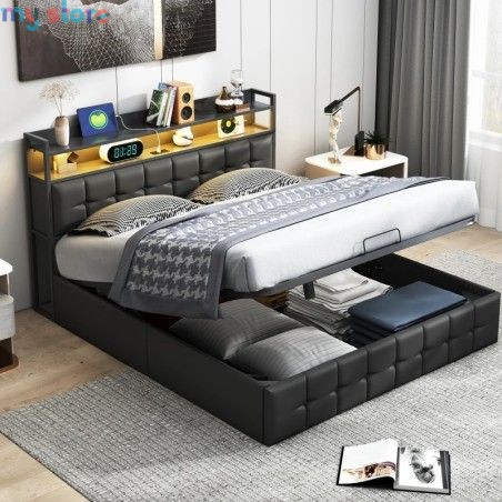 Superaly 140x200cm Upholstered Double Bed, Hydraulic Storage Bed Frame with RGB LED Lights, USB & Type-C Charging Ports, Faux Le