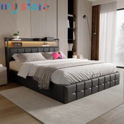 Superaly 140x200cm Upholstered Double Bed, Hydraulic Storage Bed Frame with RGB LED Lights, USB & Type-C Charging Ports, Faux Le