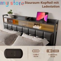 Superaly 140x200cm Upholstered Double Bed, Hydraulic Storage Bed Frame with RGB LED Lights, USB & Type-C Charging Ports, Faux Le