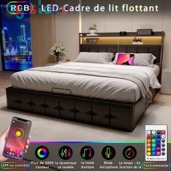 Superaly 140x200cm Upholstered Double Bed, Hydraulic Storage Bed Frame with RGB LED Lights, USB & Type-C Charging Ports, Faux Le