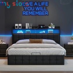 Superaly 140x200cm Upholstered Double Bed, Hydraulic Storage Bed Frame with RGB LED Lights, USB & Type-C Charging Ports, Faux Le
