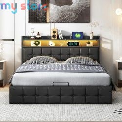 Superaly 140x200cm Upholstered Double Bed, Hydraulic Storage Bed Frame with RGB LED Lights, USB & Type-C Charging Ports, Faux Le