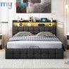 Superaly 140x200cm Upholstered Double Bed, Hydraulic Storage Bed Frame with RGB LED Lights, USB & Type-C Charging Ports, Faux Le