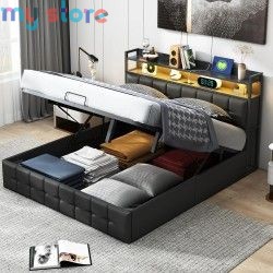 Superaly 140x200cm Upholstered Double Bed, Hydraulic Storage Bed Frame with RGB LED Lights, USB & Type-C Charging Ports, Faux Le