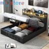 Superaly 140x200cm Upholstered Double Bed, Hydraulic Storage Bed Frame with RGB LED Lights, USB & Type-C Charging Ports, Faux Le