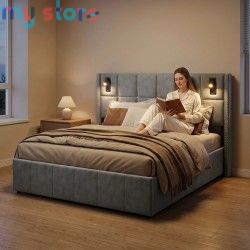 Superaly 160 x 200 cm Queen Size Bed Frame with Hydraulic Storage, Upholstered Bed with Tufted Headboard, Built-in Reading Light