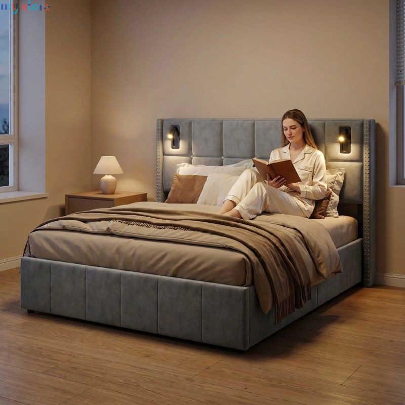 Superaly 160 x 200 cm Queen Size Bed Frame with Hydraulic Storage, Upholstered Bed with Tufted Headboard, Built-in Reading Light