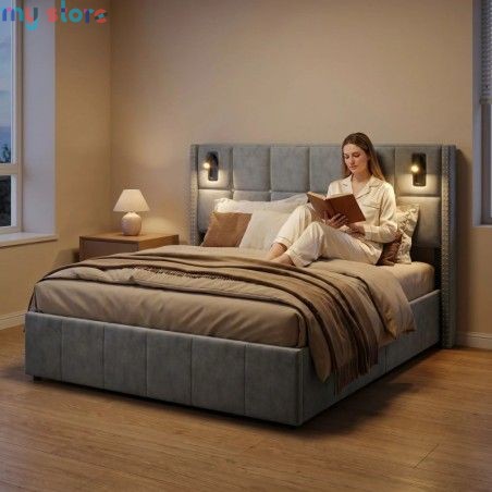 Superaly 160 x 200 cm Queen Size Bed Frame with Hydraulic Storage, Upholstered Bed with Tufted Headboard, Built-in Reading Light