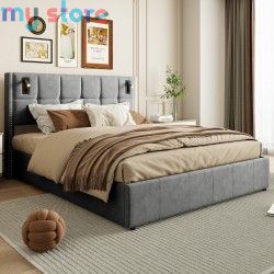 Superaly 160 x 200 cm Queen Size Bed Frame with Hydraulic Storage, Upholstered Bed with Tufted Headboard, Built-in Reading Light