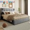 Superaly 160 x 200 cm Queen Size Bed Frame with Hydraulic Storage, Upholstered Bed with Tufted Headboard, Built-in Reading Light