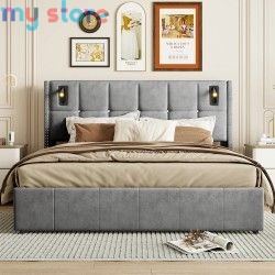 Superaly 160 x 200 cm Queen Size Bed Frame with Hydraulic Storage, Upholstered Bed with Tufted Headboard, Built-in Reading Light