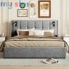 Superaly 160 x 200 cm Queen Size Bed Frame with Hydraulic Storage, Upholstered Bed with Tufted Headboard, Built-in Reading Light