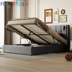 Superaly 160 x 200 cm Queen Size Bed Frame with Hydraulic Storage, Upholstered Bed with Tufted Headboard, Built-in Reading Light