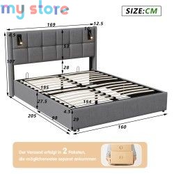 Superaly 160 x 200 cm Queen Size Bed Frame with Hydraulic Storage, Upholstered Bed with Tufted Headboard, Built-in Reading Light