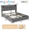 Superaly 160 x 200 cm Queen Size Bed Frame with Hydraulic Storage, Upholstered Bed with Tufted Headboard, Built-in Reading Light