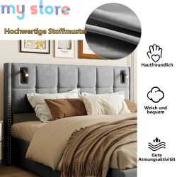 Superaly 160 x 200 cm Queen Size Bed Frame with Hydraulic Storage, Upholstered Bed with Tufted Headboard, Built-in Reading Light