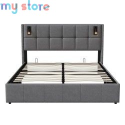 Superaly 160 x 200 cm Queen Size Bed Frame with Hydraulic Storage, Upholstered Bed with Tufted Headboard, Built-in Reading Light