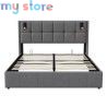 Superaly 160 x 200 cm Queen Size Bed Frame with Hydraulic Storage, Upholstered Bed with Tufted Headboard, Built-in Reading Light
