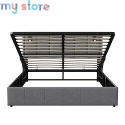 Superaly 160 x 200 cm Queen Size Bed Frame with Hydraulic Storage, Upholstered Bed with Tufted Headboard, Built-in Reading Light