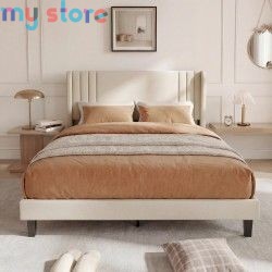 Superaly 140x200cm Upholstered Wingback Bed with Linen Fabric, Queen Bed Frame with Channel Tufted Headboard, Beige, No Box Spri