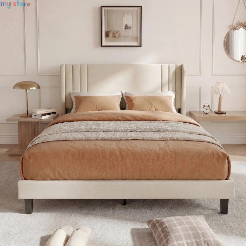 Superaly 140x200cm Upholstered Wingback Bed with Linen Fabric, Queen Bed Frame with Channel Tufted Headboard, Beige, No Box Spri