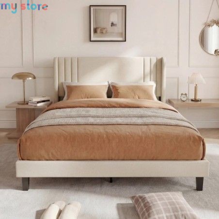 Superaly 140x200cm Upholstered Wingback Bed with Linen Fabric, Queen Bed Frame with Channel Tufted Headboard, Beige, No Box Spri